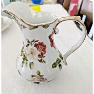 Vintage Royal Danube Porcelain Pitcher Floral Cabbage Roses Gold Trim Scalloped